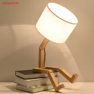Wooden Robot Table Lamp with Fabric Shade for Bedroom and Study