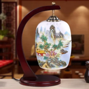 Traditional Ceramic Table Lamp with Wooden Base for Bedroom