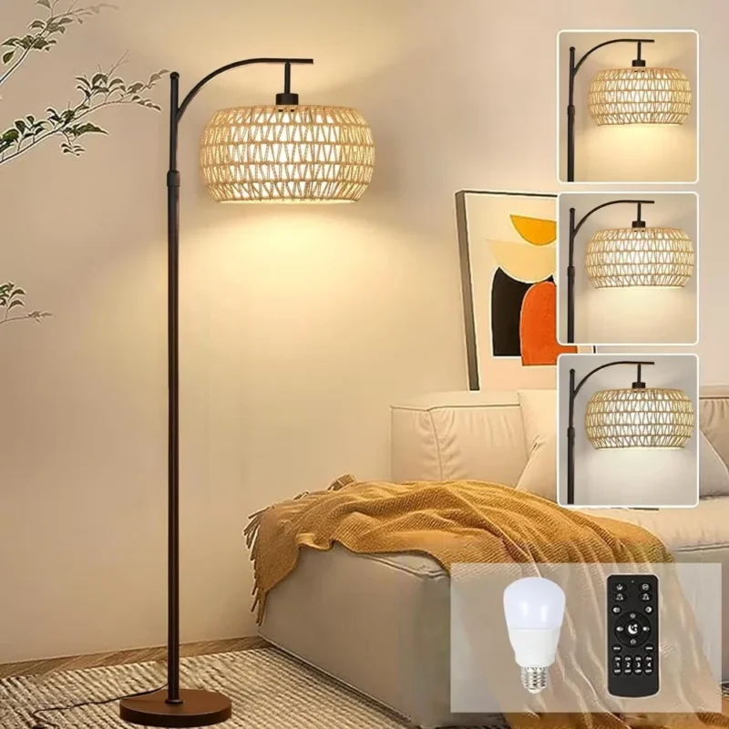 Contemporary Wicker Arc Floor Lamp with Remote Control and Adjustable LED Lighting