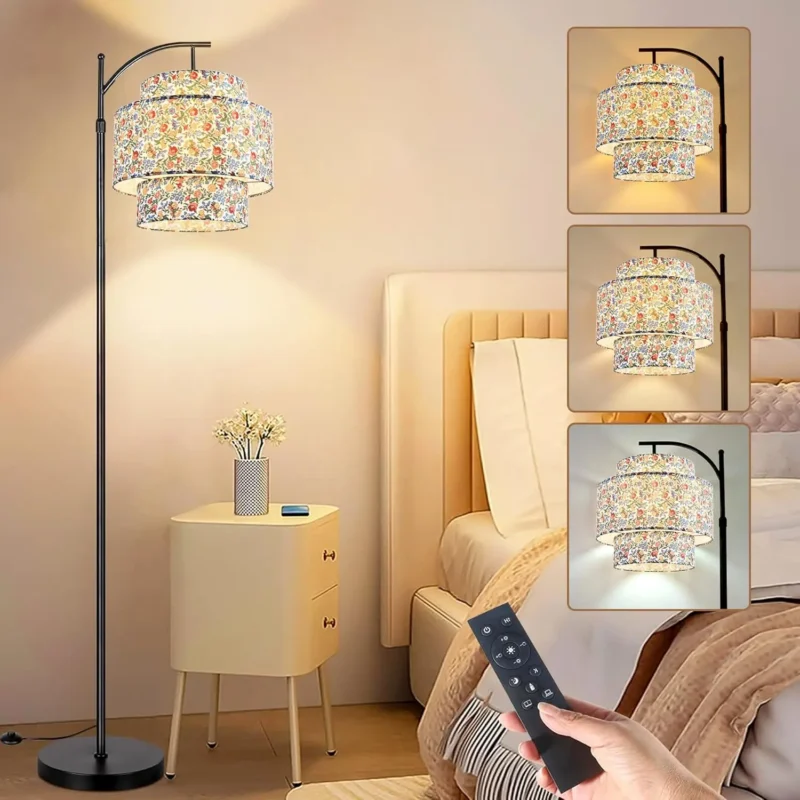 Modern Black Rattan Arc Floor Lamp with Remote Dimmable Light for Living Room - Image 8