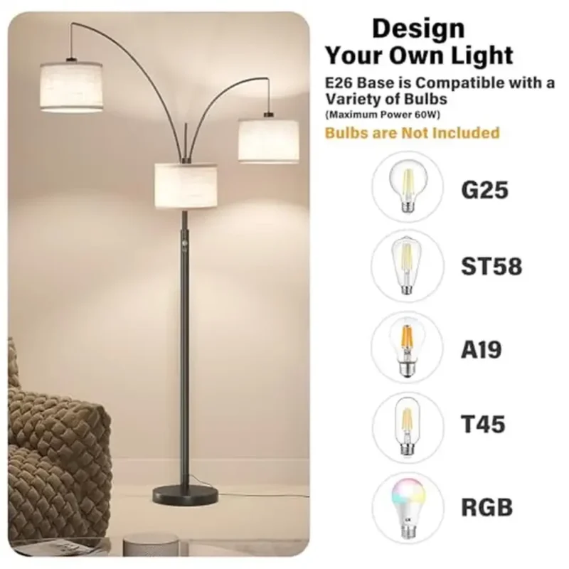 Modern 3-Light Adjustable Arc Floor Lamp with Linen Shades for Living Room - Image 4