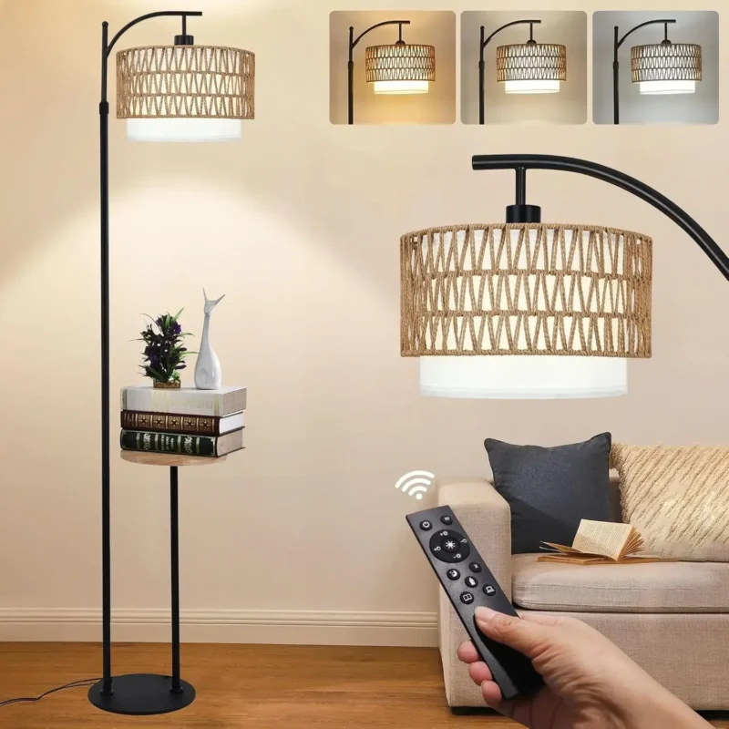 Contemporary Wicker Arc Floor Lamp with Remote Control and Adjustable LED Lighting - Image 9