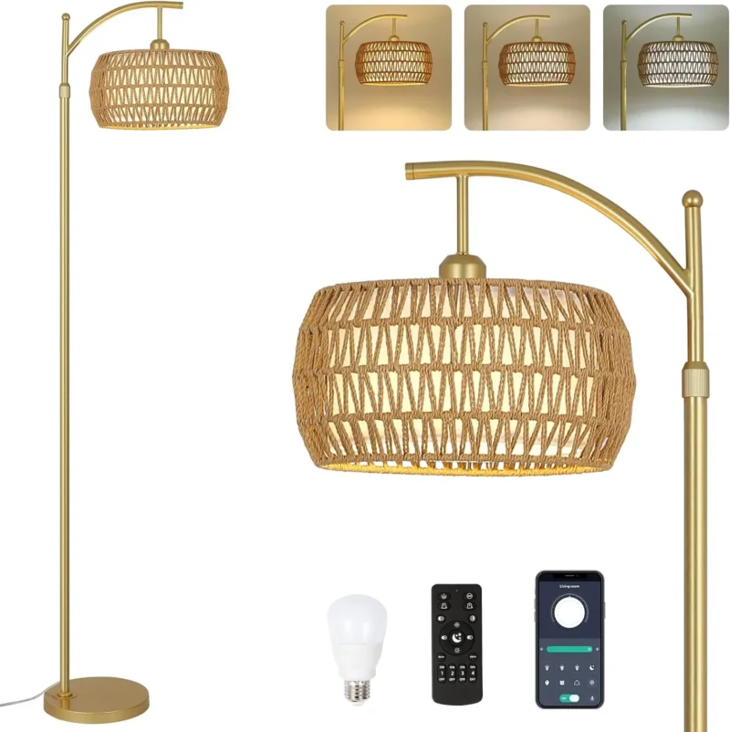 Modern Gold Adjustable Arc Floor Lamp with 3 Color Temperatures and Remote Control - Image 8