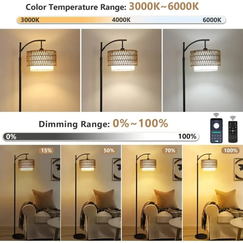 Farmhouse Black Rattan Arc Floor Lamp with Remote Dimmable LED and Color Temperature Control - Image 2