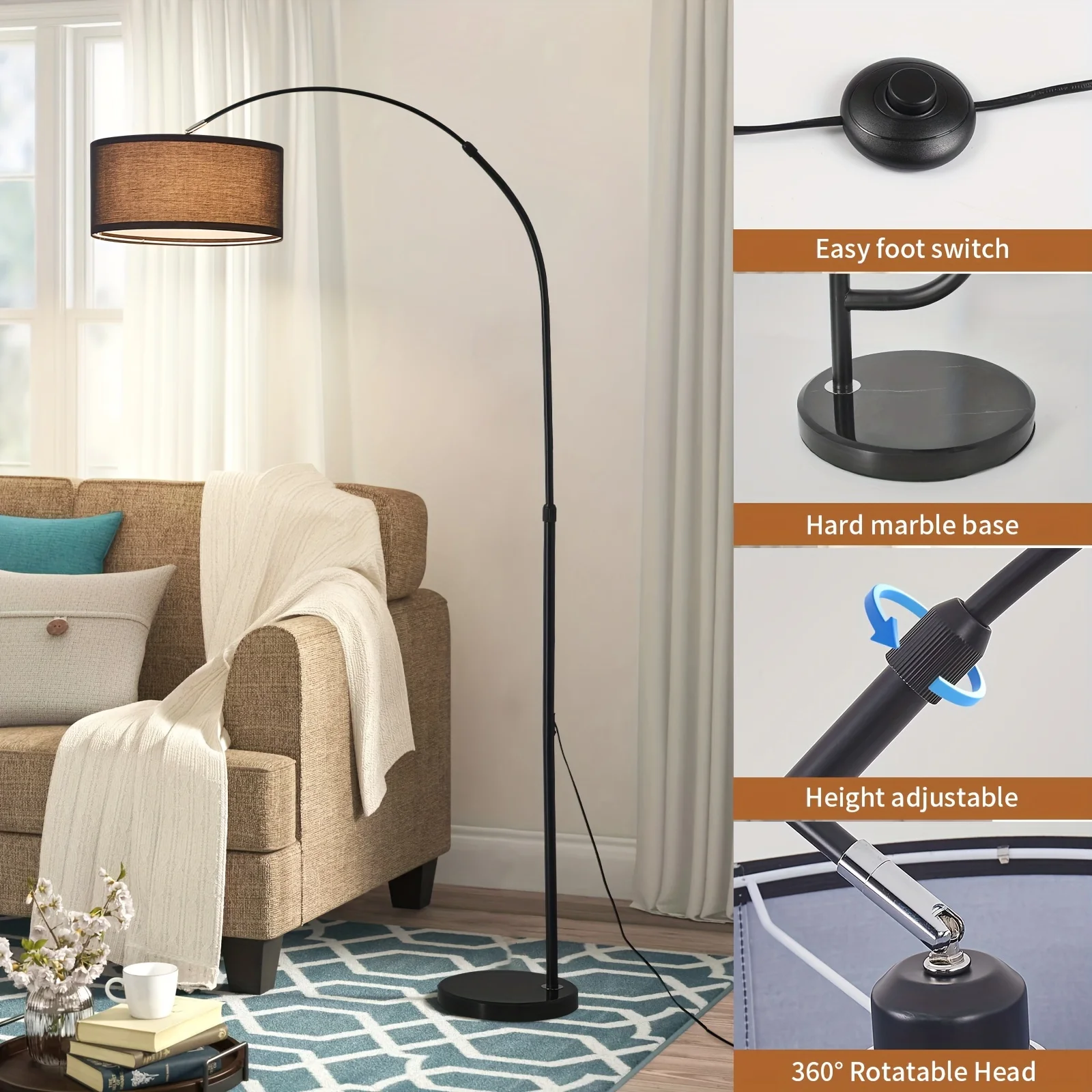 Adjustable arc floor lamp positioned perfectly for comfortable reading
