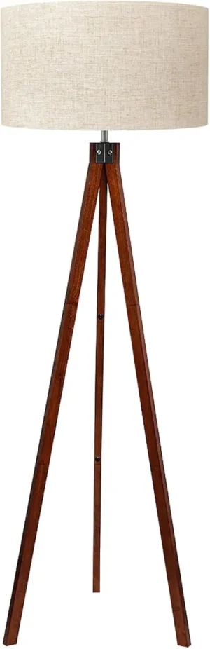 Wooden Tripod Floor Lamp with Fabric Shade for Living Room and Bedroom