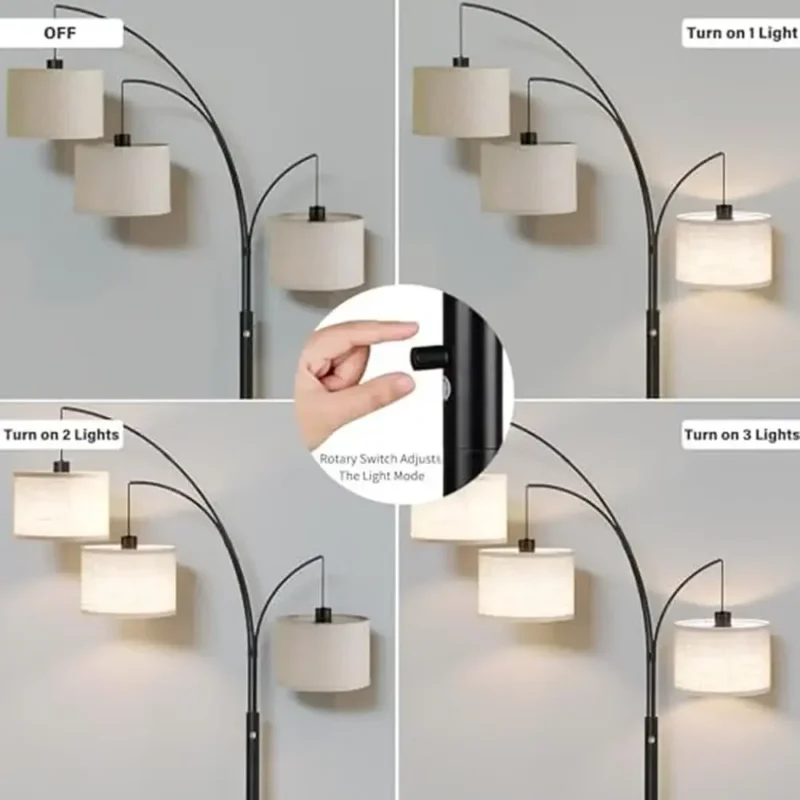 Modern 3-Light Adjustable Arc Floor Lamp with Linen Shades for Living Room - Image 2