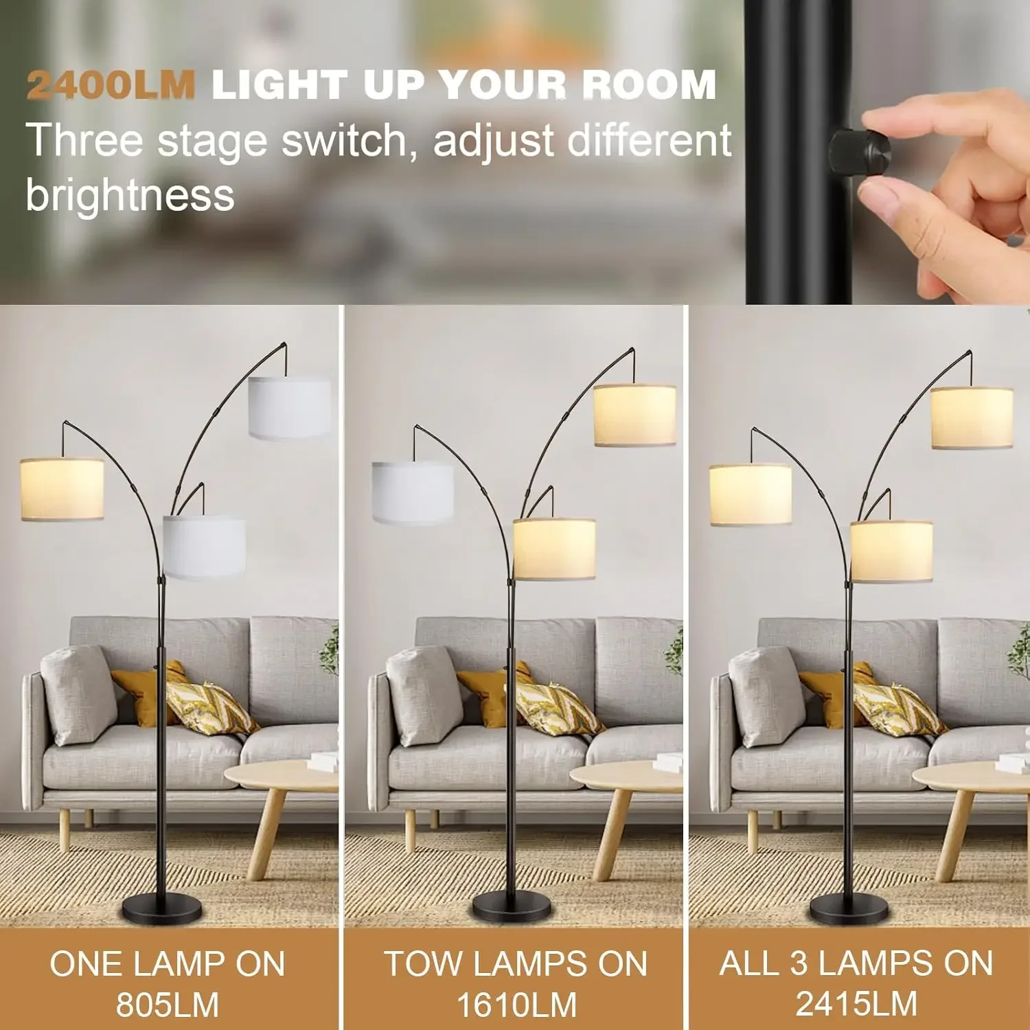 Detailed view of shade installation on a multi-arm arc floor lamp