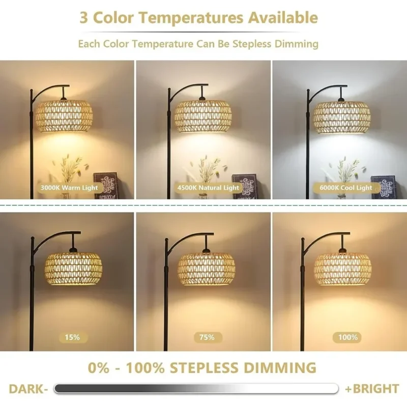 Contemporary Wicker Arc Floor Lamp with Remote Control and Adjustable LED Lighting - Image 3