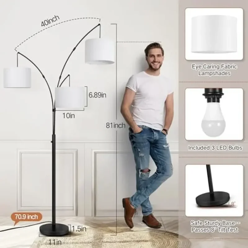 Modern 3-Arm Adjustable Black Arc Floor Lamp with LED for Living Room - Image 5