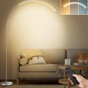 Silver LED Arc Floor Lamp with 3-Color Temperature Remote for Living Room