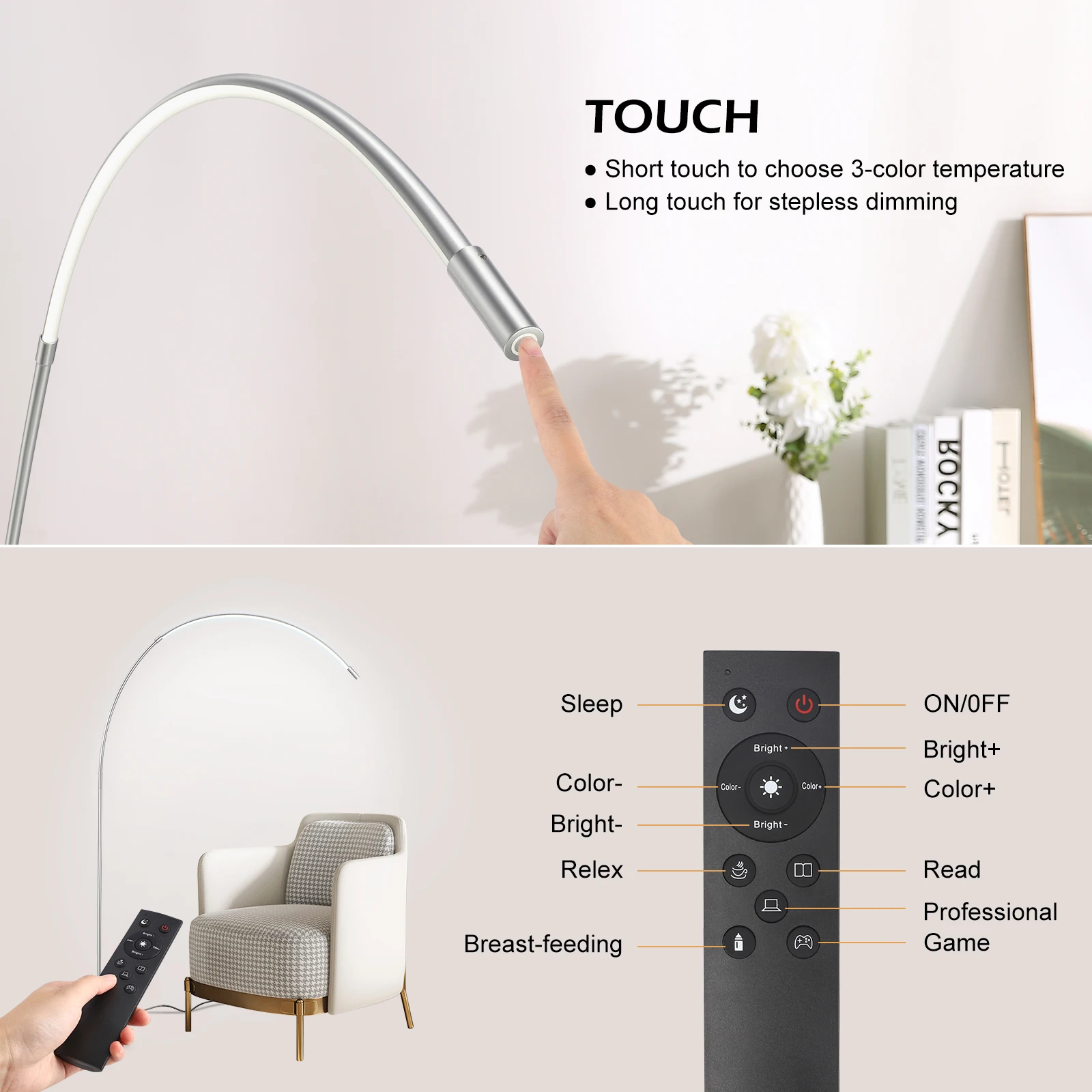 Properly assembled adjustable arc floor lamp with remote for easy maintenance