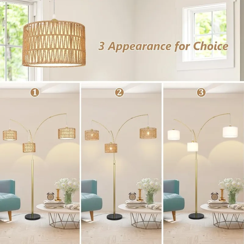Natural rattan arc lamp providing warm diffused light perfect for evening reading
