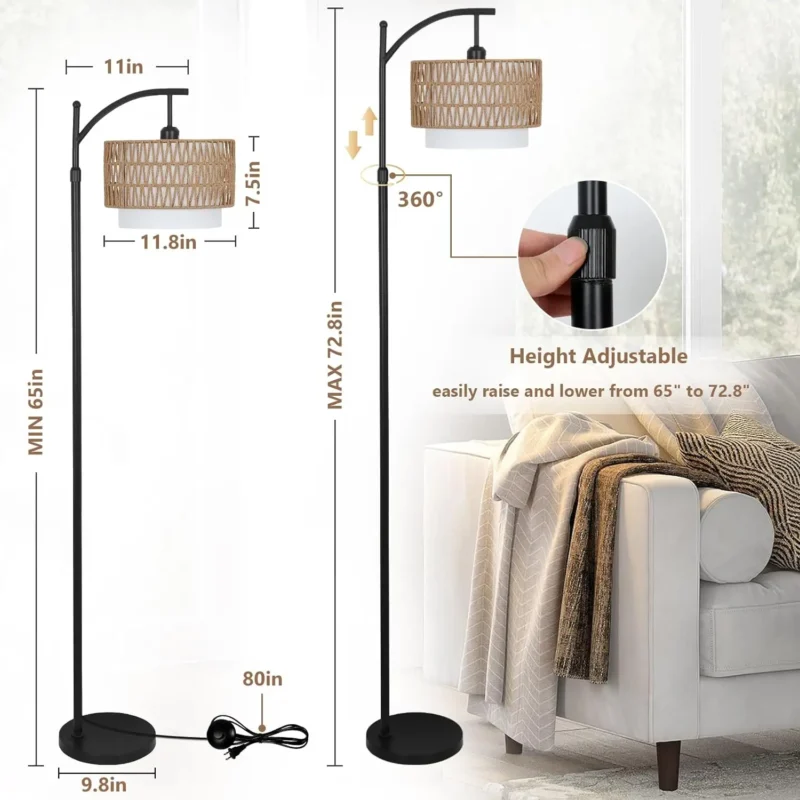 Bohemian Rattan Arc Floor Lamp with Remote Control and Color Settings for Living Room - Image 5