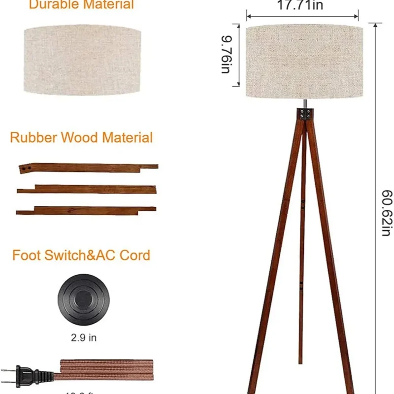Modern Wooden Tripod Floor Lamp with Fabric Shade for Bedroom - Image 6