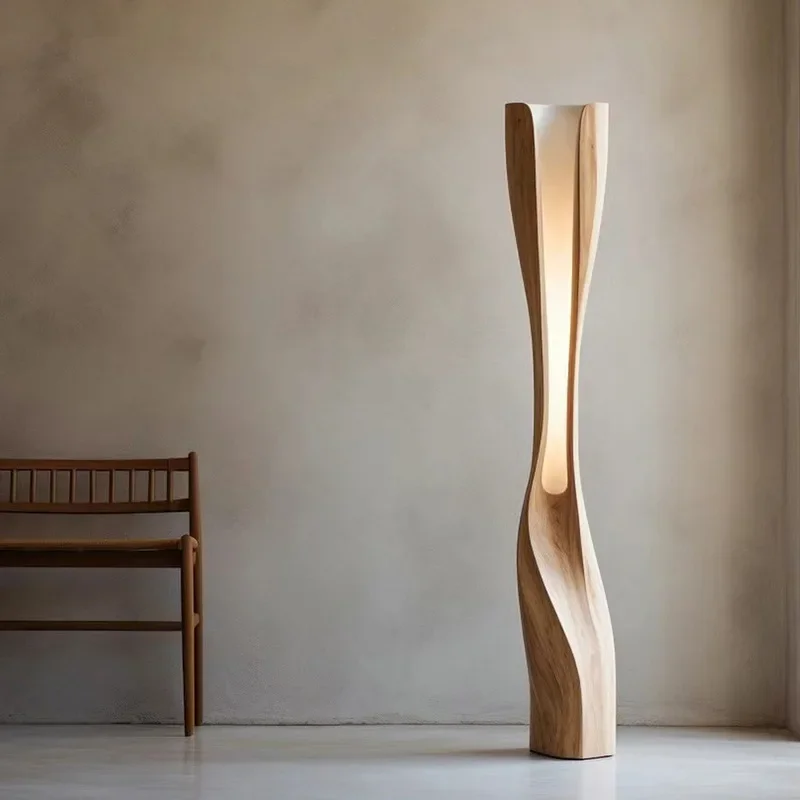 Handcrafted wood arc floor lamp showing stable base design