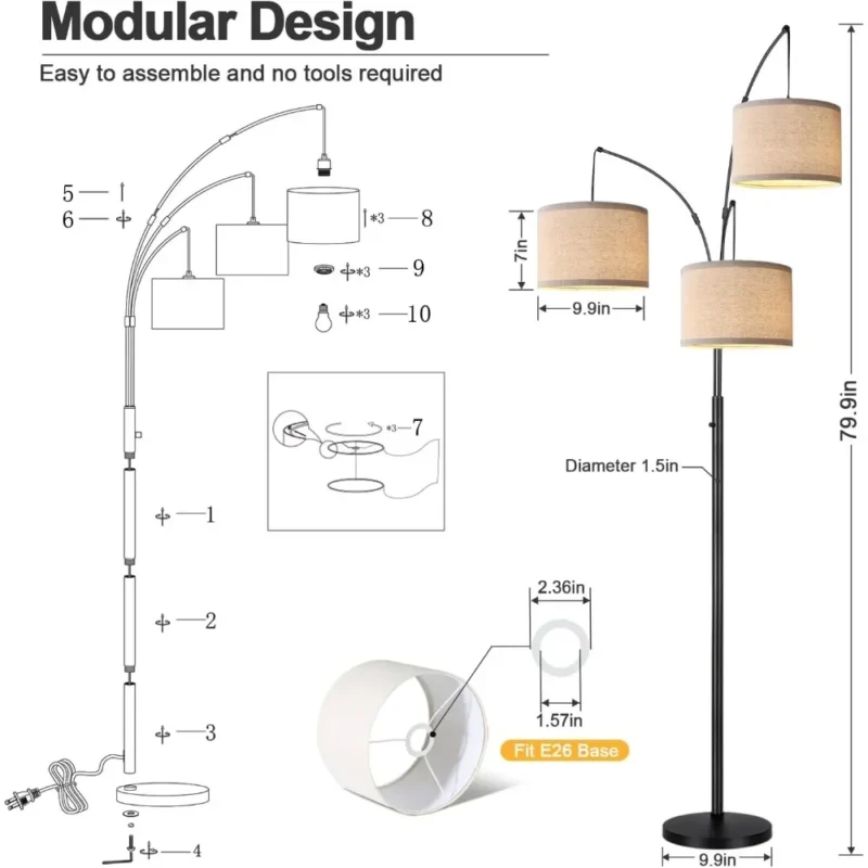 Modern 3-Light Arc Floor Lamp with Beige Shades and Heavy Base - Image 2