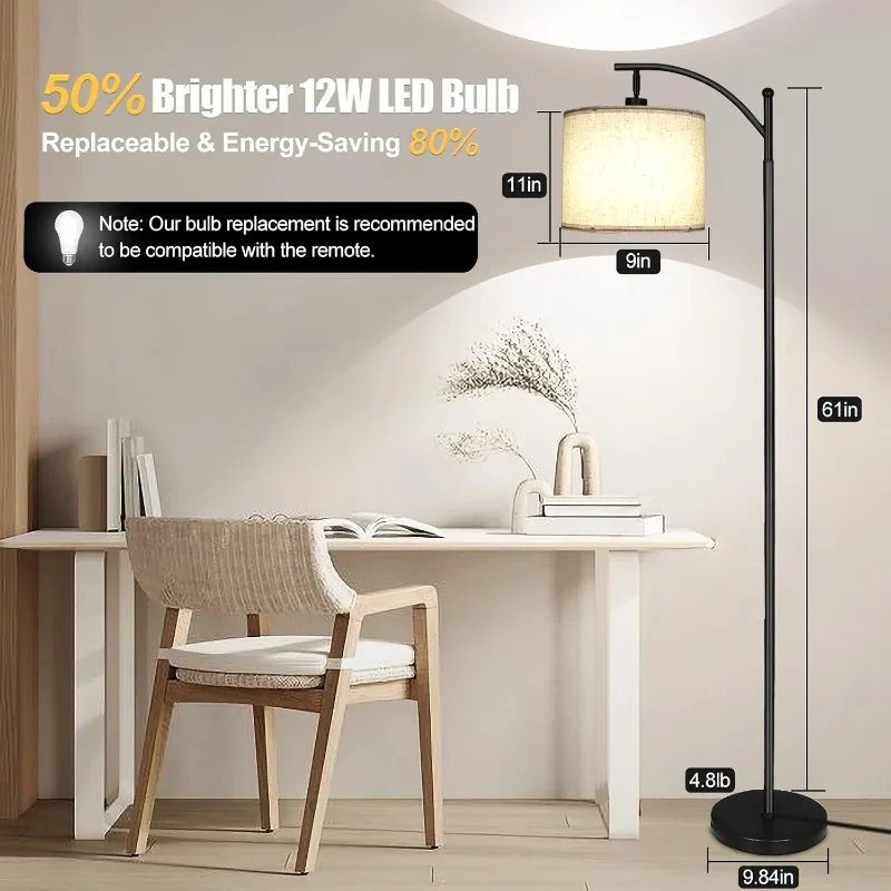 Modern brushed nickel arc floor lamp creating dramatic lighting effect in a contemporary living space