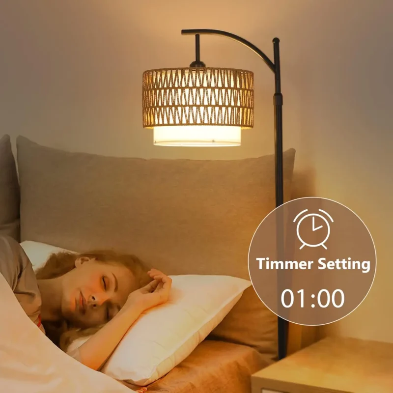 Bohemian Rattan Arc Floor Lamp with Remote Control and Color Settings for Living Room - Image 2