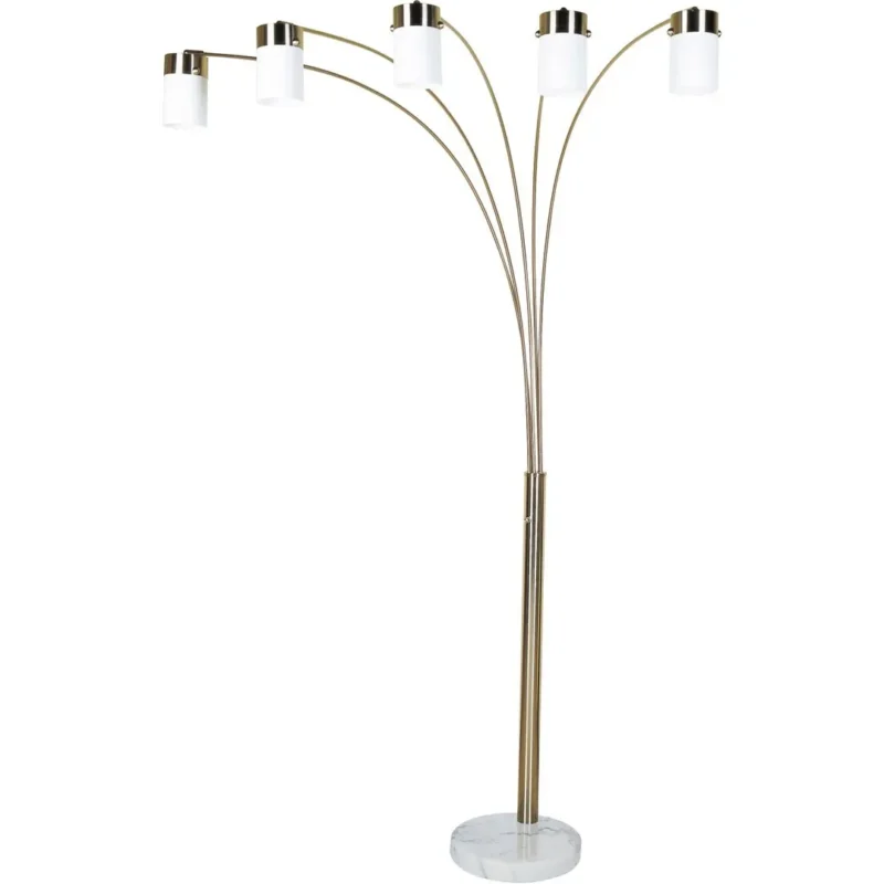 Modern 5-Light Arc Floor Lamp with Nickel Finish and White Shades