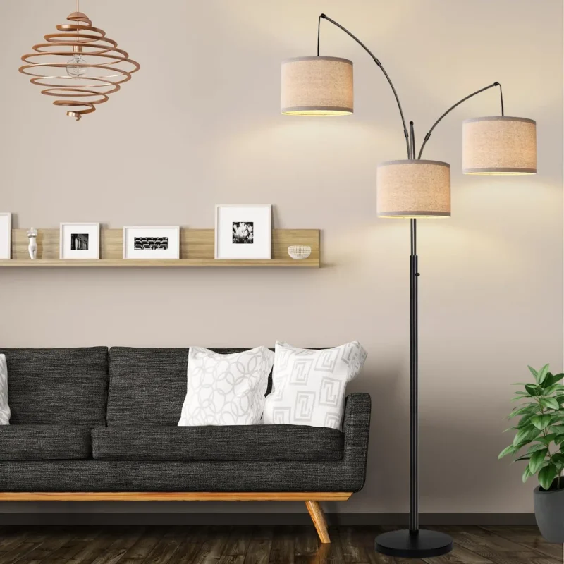 Modern 3-Light Arc Floor Lamp with Beige Shades for Living Room - Image 6