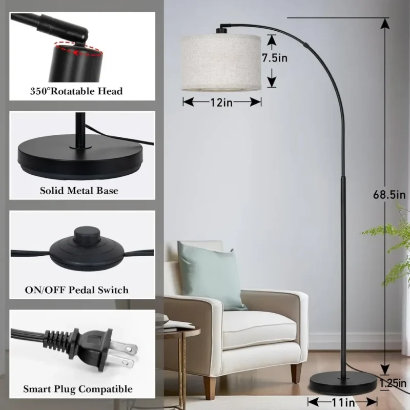 Modern Brushed Nickel Adjustable Arc Floor Lamp with Drum Shade for Living Room - Image 3
