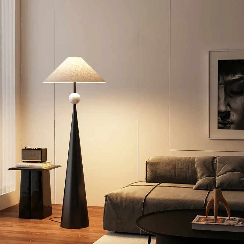 Elegant fabric shade arc floor lamp providing perfect proportions for intimate spaces