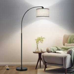 Modern Brushed Nickel Adjustable Arc Floor Lamp with Drum Shade for Living Room