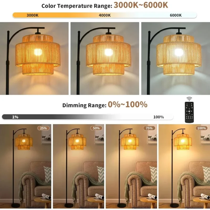 Modern Black Rattan Arc Floor Lamp with Remote Dimmable Light for Living Room - Image 2