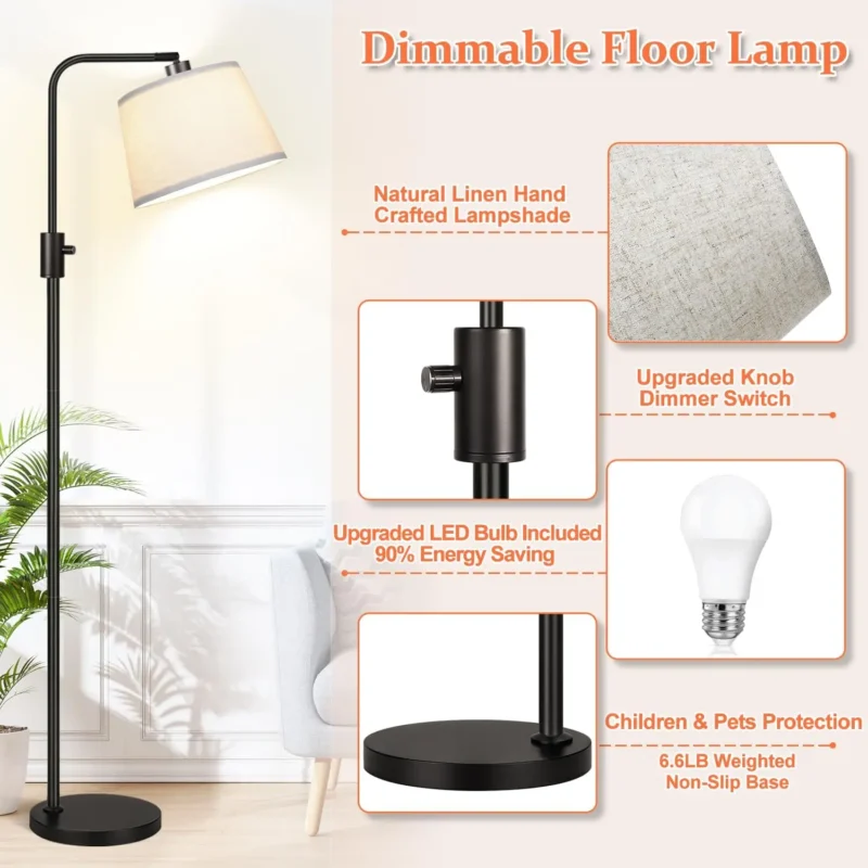 Contemporary Black Iron Arc Floor Lamp with Dimmable LED and Linen Shade - Image 4