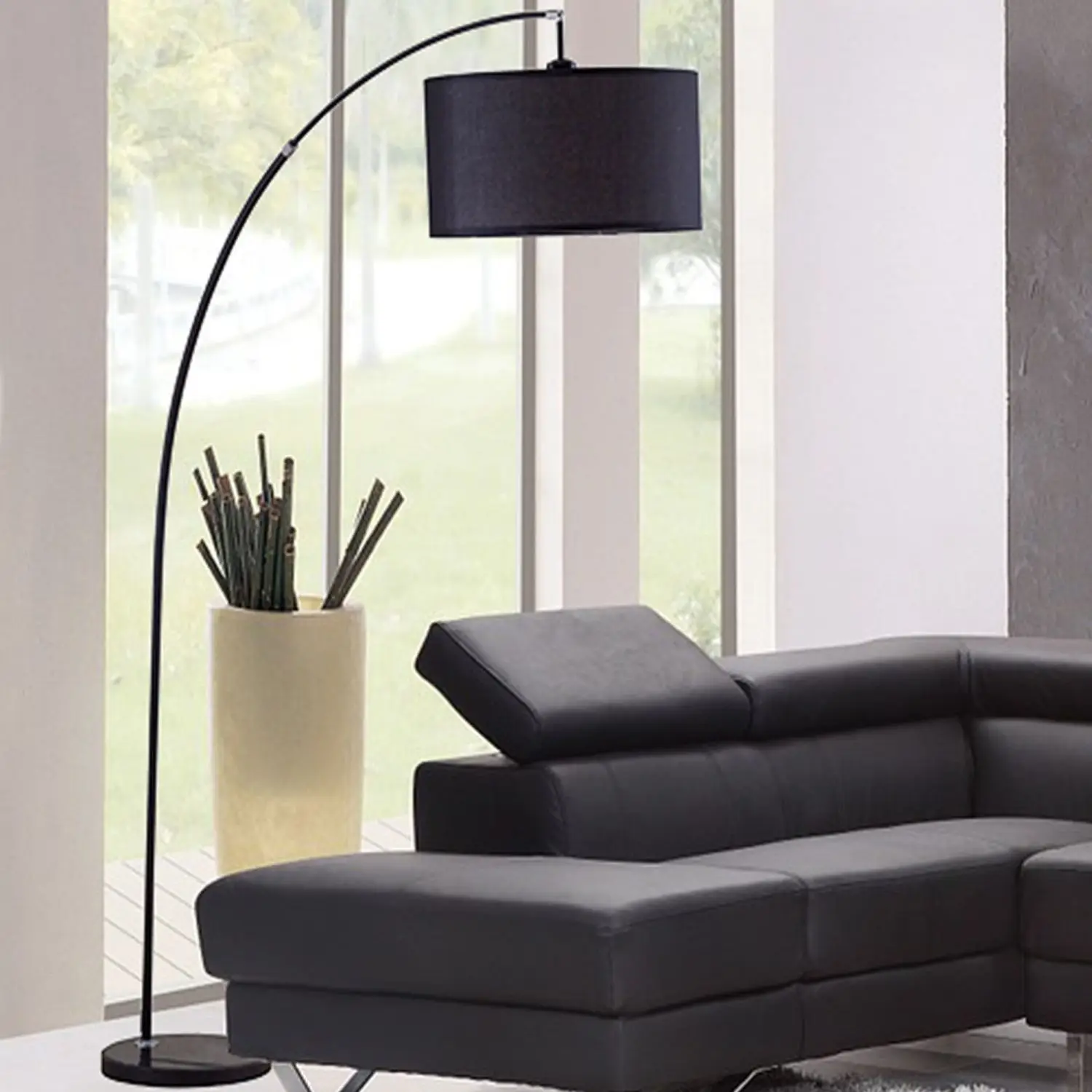 Properly positioned oversized arc lamp illuminating a seating area