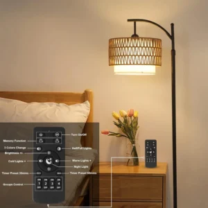 Bohemian Rattan Arc Floor Lamp with Remote Control and Color Settings for Living Room