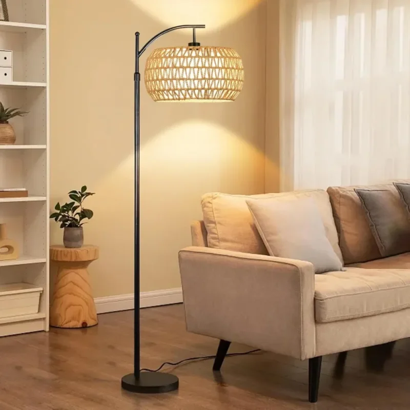 Contemporary Wicker Arc Floor Lamp with Remote Control and Adjustable LED Lighting - Image 6