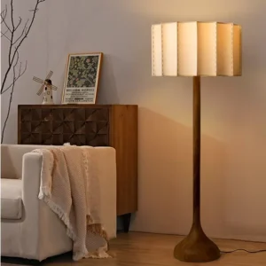 Japanese Wooden Arc Floor Lamp with Fabric Shade for Living Room