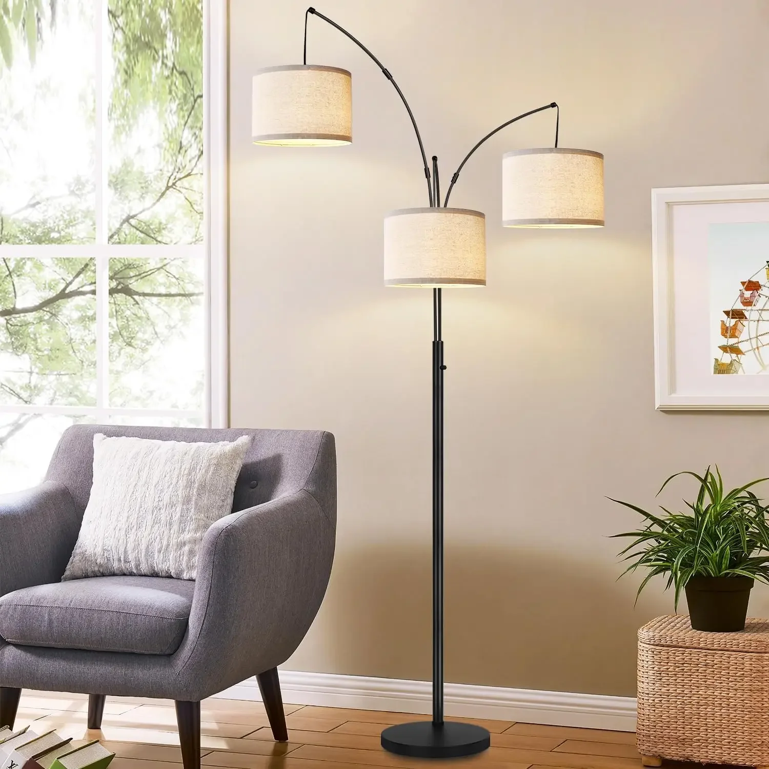 Large arc floor lamp with extended reach demonstrating proper sizing for a living room
