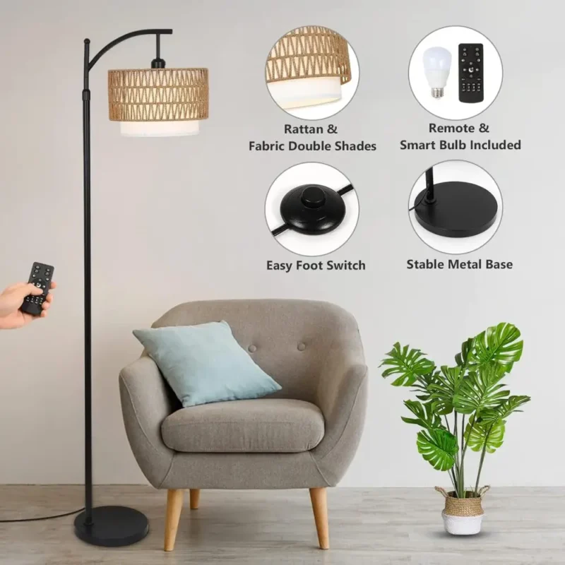 Farmhouse Black Rattan Arc Floor Lamp with Remote Dimmable LED and Color Temperature Control - Image 4