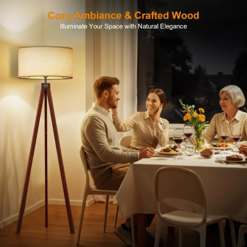 Wooden Tripod Floor Lamp with Fabric Shade for Living Room and Bedroom - Image 4