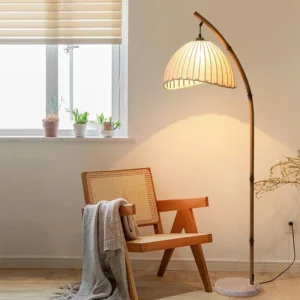 Nordic Black Iron Arc Floor Lamp with Fabric Shade for Living Room