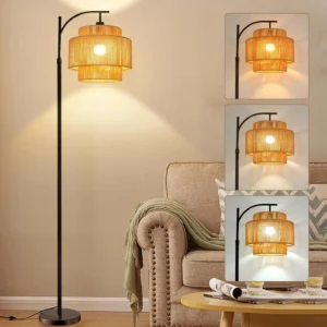 Modern Black Rattan Arc Floor Lamp with Remote Dimmable Light for Living Room