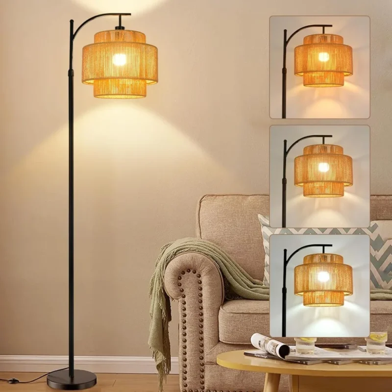 Modern Black Rattan Arc Floor Lamp with Remote Dimmable Light for Living Room