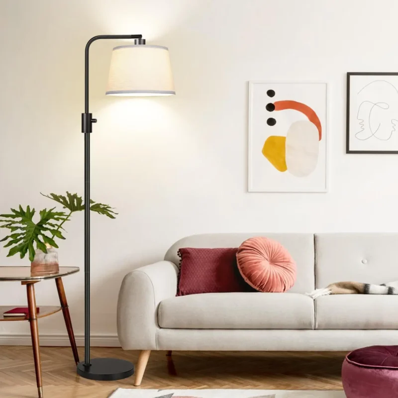 Contemporary Black Iron Arc Floor Lamp with Dimmable LED and Linen Shade - Image 6