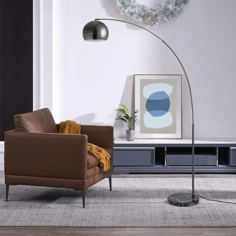 Modern Black Marble Base Arc Floor Lamp with Dome Shade for Living Room - Image 5