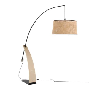 Mid-Century Wood & Black Metal Arc Floor Lamp with Rattan Shade for Living Room