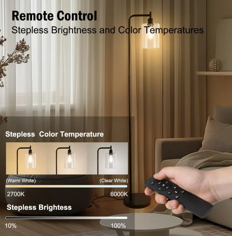 Industrial Black Glass Arc Floor Lamp with Dimmable LED and Remote Control - Image 5