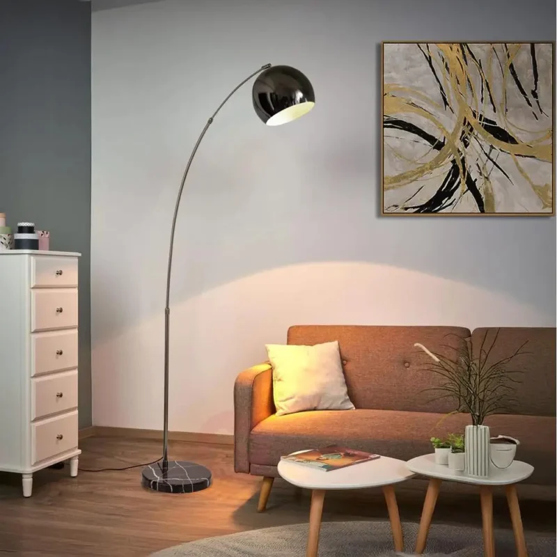 Modern Black Marble Base Arc Floor Lamp with Dome Shade for Living Room - Image 3