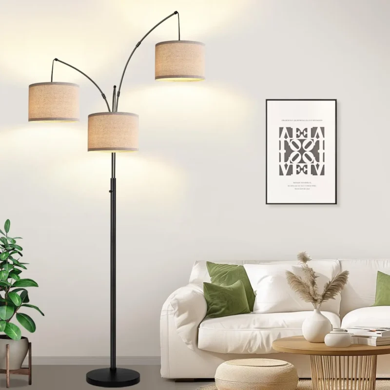 Modern 3-Light Arc Floor Lamp with Gray Linen Shades for Living Room - Image 9
