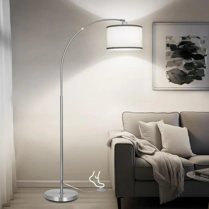 Modern Brushed Nickel Adjustable Arc Floor Lamp with Drum Shade for Living Room - Image 9