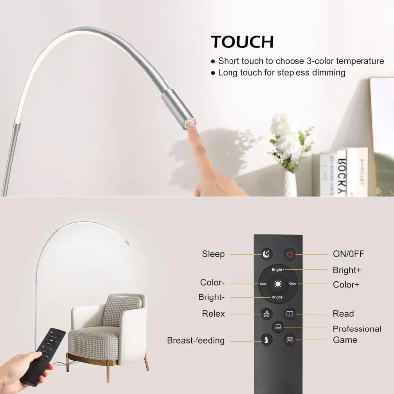 Silver LED Arc Floor Lamp with 3-Color Temperature Remote for Living Room - Image 2