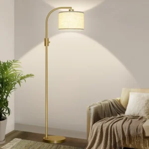 Dimmable Gold Arc Floor Lamp with Linen Shade for Living Room
