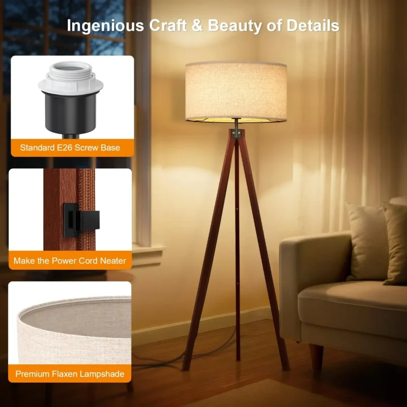Wooden Tripod Floor Lamp with Fabric Shade for Living Room and Bedroom - Image 3